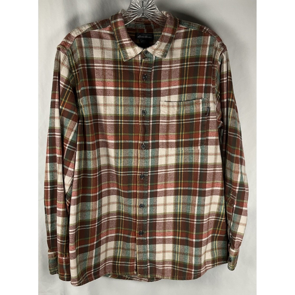 Eddie Bauer Men's Large Plaid Flannel Button Up Long‎ Sleeve Brown Cream Outdoor